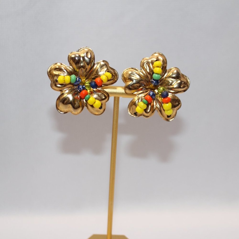 Golden Floral Clip-on Earrings with Primary Color Bead Centers - Picture 3 of 7